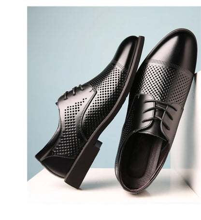 Mens Black Genuine Leather Perforated Cap Toe Lace Up Formal Business Oxford Shoes Breathable Summer Office Casual Dress Shoes