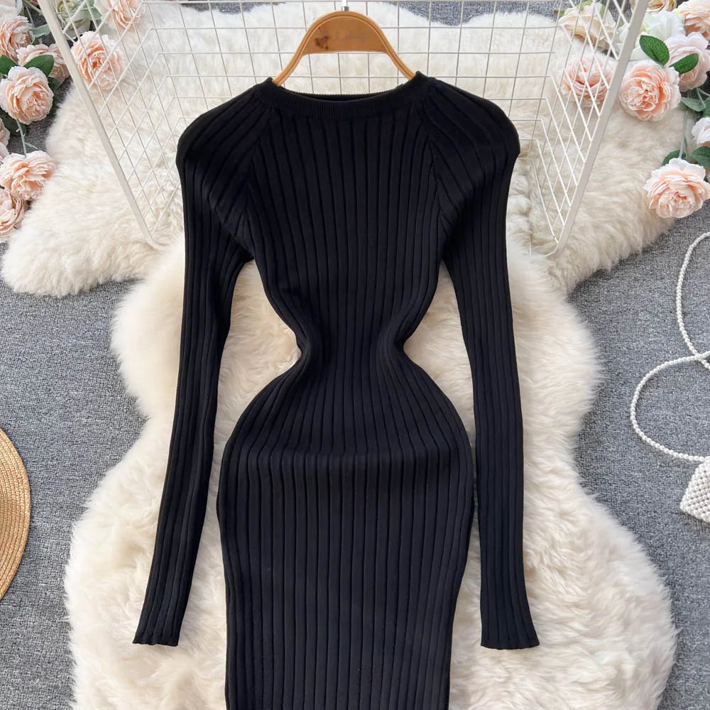Winter Women Knit Maxi Dress O Neck Autumn Long Sleeve Slim Solid Harajuku Ladies Fashion Pencil Sweater Long Dresses