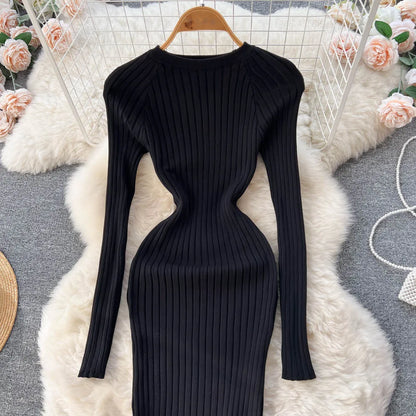 Winter Women Knit Maxi Dress O Neck Autumn Long Sleeve Slim Solid Harajuku Ladies Fashion Pencil Sweater Long Dresses