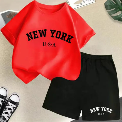 2026 New Kids Boys Girls New York Letter Pattern Cotton T-shirt+Shorts 2-Piece Set Casual Daily