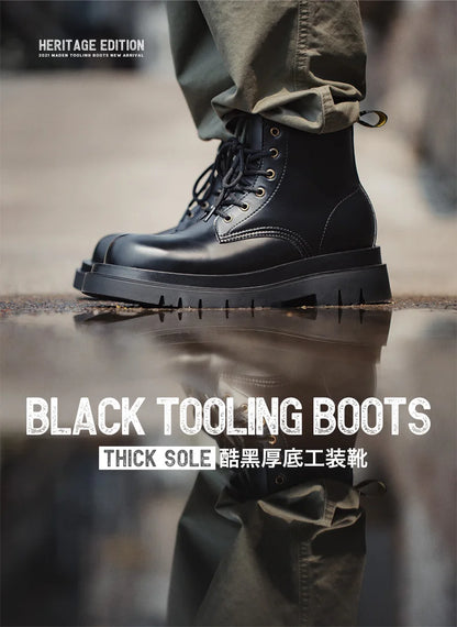 Maden Men's Cowboy Boots Black Motorcycle British Boots TPR Sole Work Shoes Safety High Top Boots for Fall Winter