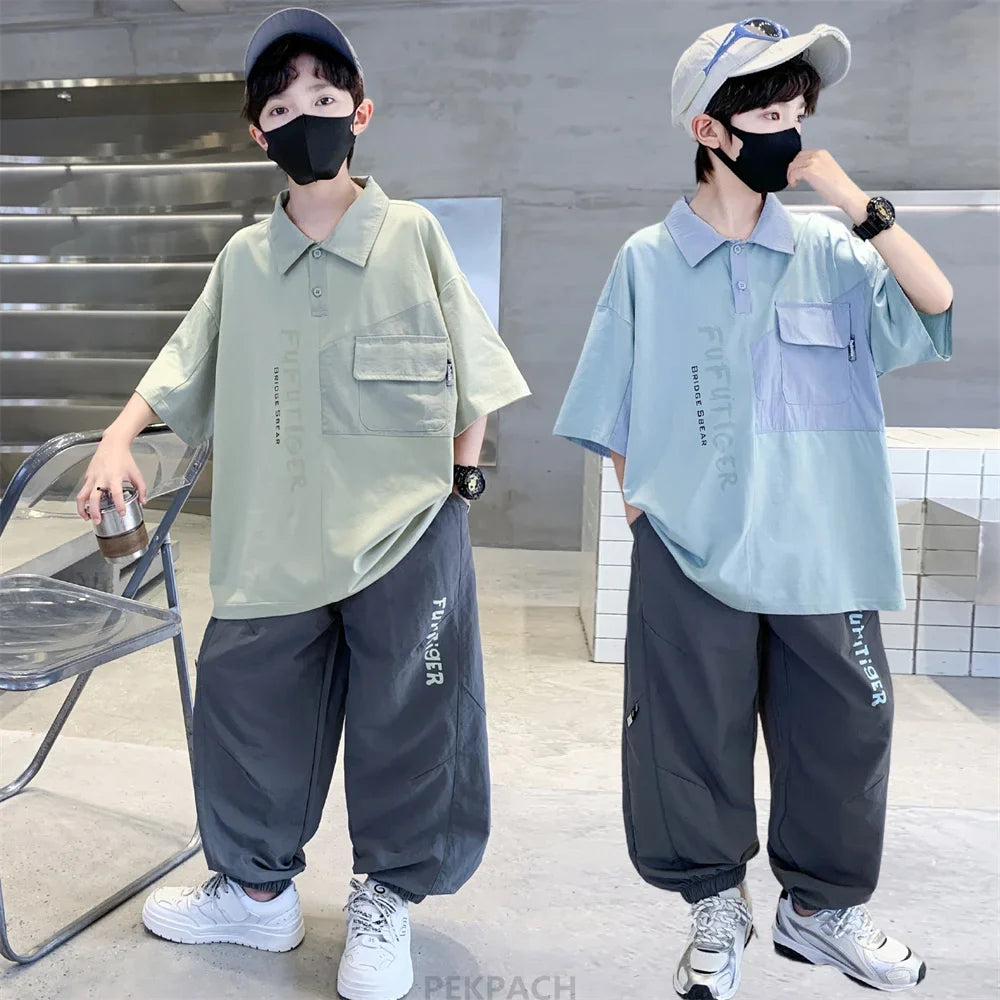 School Boys Fashion Summer Top And Bottom Clothes Set Polo Shirt + Pants 2 Pieces Clothing Suit Kids Children Casual Tracksuit