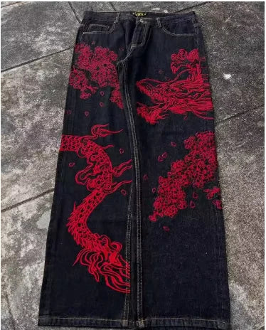 New White Jeans Y2K Dragon Pattern Mens American High Street Retro Korean Straight Pants Harajuku Hip-Hop Couple Wide Pants