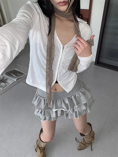 Y2k Lolita Mini Cake Skirt Soft Girl low Waist Ruffle Fluffy Fairy Skirts Summer Kawaii Cute Elegant Short Skirt Black