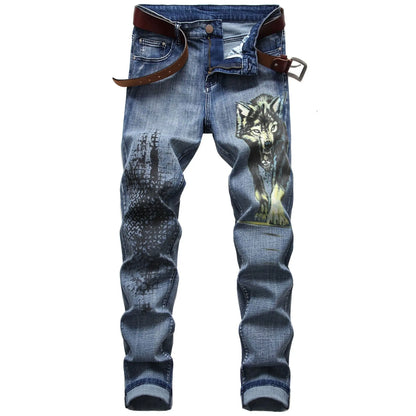 2026 Men's Blue 3D Printing Jeans, Black Wolf Pattern Printed Punk Straight Cotton Casual Print Denim Pants Asian Size 28-42