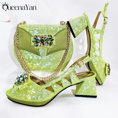 2025 New-Season Peep Toe Ladies' Shoes Elegant Coral Color Diamond-Embellished High Heels Italian-Designed Shoe and Handbag Set