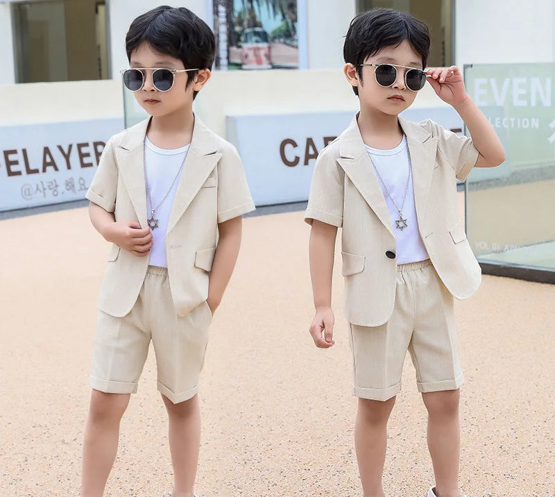 Boys Summer Suit Kids Jacket Shorts 2Pcs Photograph Suit Children Birthday Graduation Set Baby Wedding Performance Party Dress