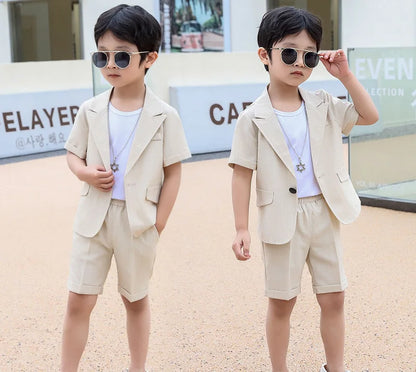Boys Summer Suit Kids Jacket Shorts 2Pcs Photograph Suit Children Birthday Graduation Set Baby Wedding Performance Party Dress