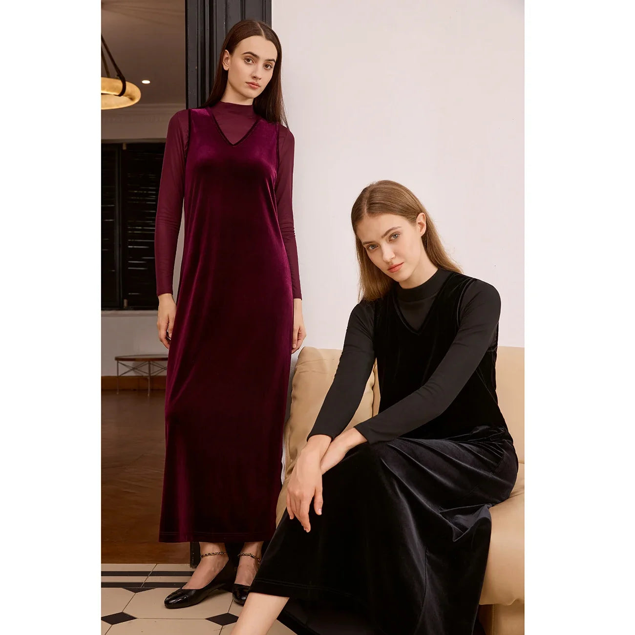 AP Women 2026 Autumn and Winter Modal Mesh Shirt and V Neck Velvet Maxi Dress High Quality