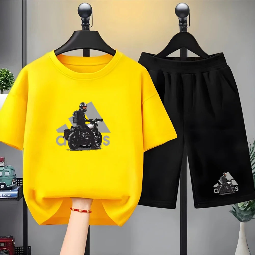 Kids black Summer Leisure Short Sleeve T-shirts+shorts Suits 3-12 Years Boys Girls Casual Outfits Children 2pcs Brand Clothes