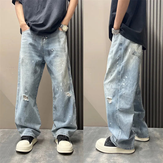 Korean Men'S Splashed Ink Jeans Casual Loose High Street Summer Ripped Denim Pants Retro Graffiti Straight Leg Pants