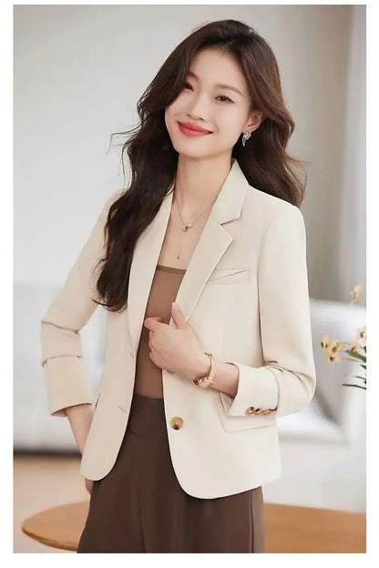 Caramel Short Suit Jacket Women's Casual High-Waisted 2025 New Spring Autumn Short Style Upper Body Fashion Polyester Fiber