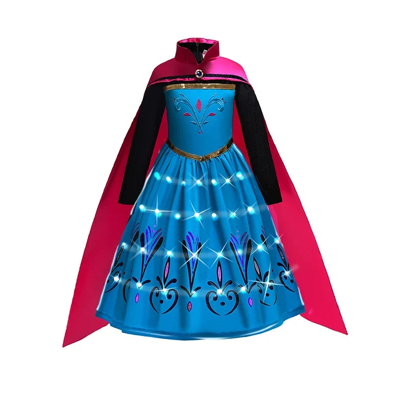 Elsa Princess Dresses +LED Light Girls Mesh Sequin Dress Kids Cosplay Frozen Snow Queen Costumes Halloween Party Gowns