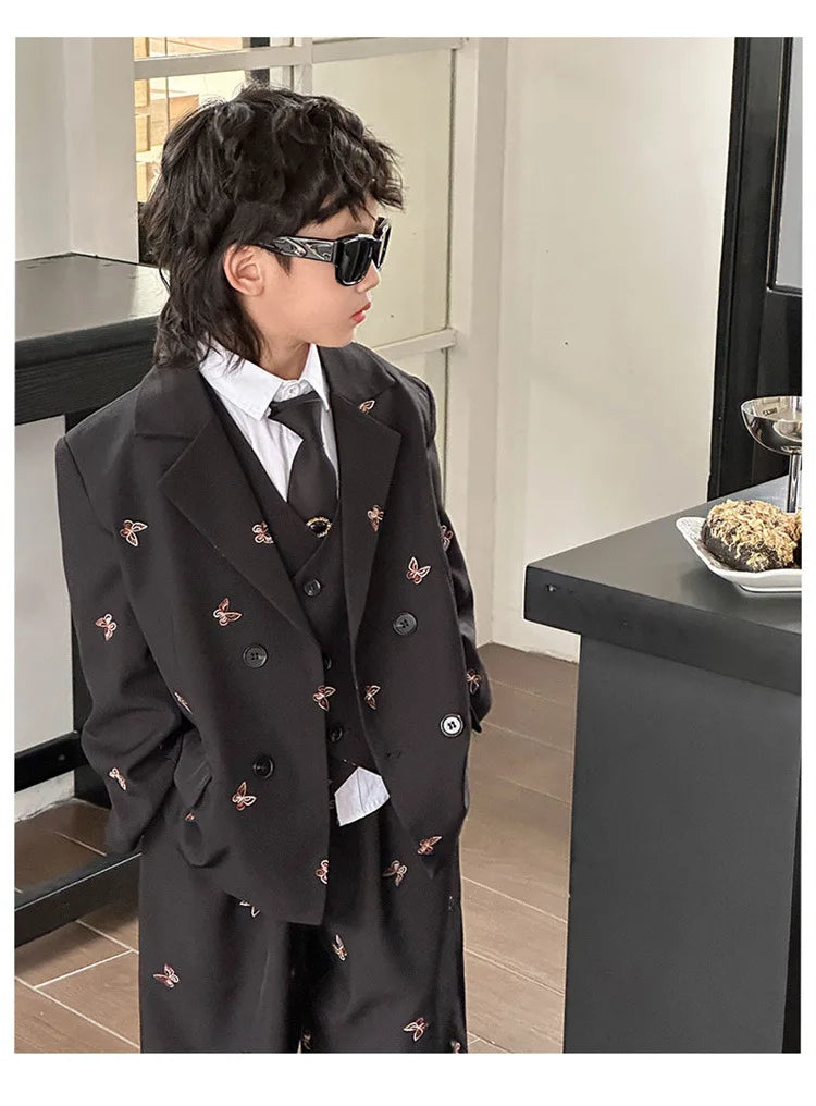 Boys Loose Blazer Jacket Waistcoat Pants Clothes Sets Kids Formal Dress  Suits Casual Child Toddler Party Butterfly Leisure Suit