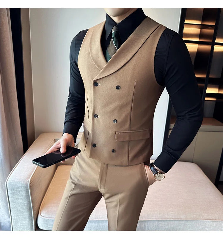 ( Vest + Pants) Men's Double-breasted Suit Vest 2 Pieces Set High Quality Business Casual Fashion Groom Wedding Dress Vest Sets
