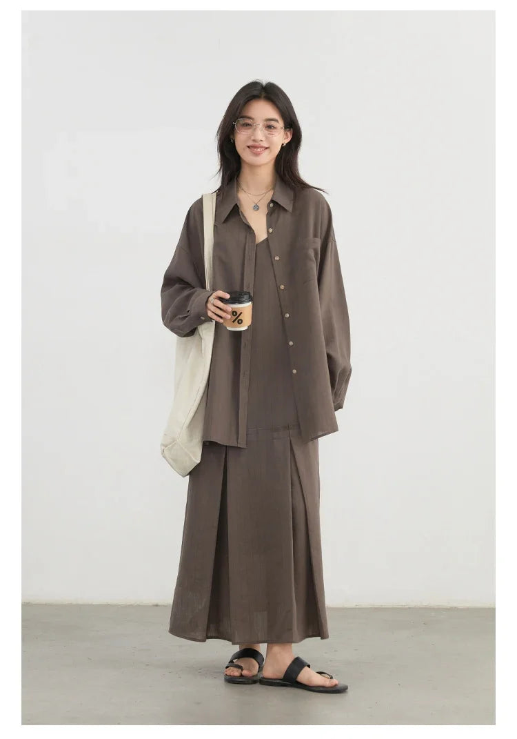 Women Dress Sets Stripe Shirt Loose Casual Long Sleeve Sunscreen Blouses Camisole V-neck Dresses Spring Autumn 2025
