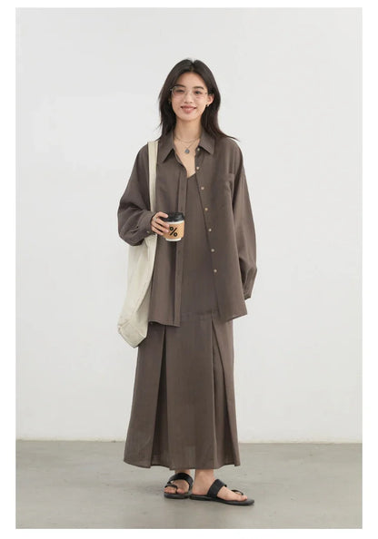 Women Dress Sets Stripe Shirt Loose Casual Long Sleeve Sunscreen Blouses Camisole V-neck Dresses Spring Autumn 2025