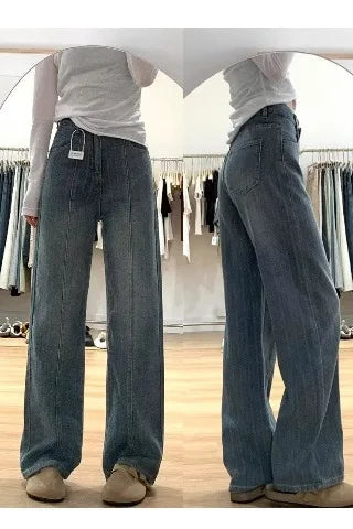 Retro Texture Wide Leg Denim Pants Loose Drapey Straight Long Trousers for Women High Waist Zipper Closure Casual Sle