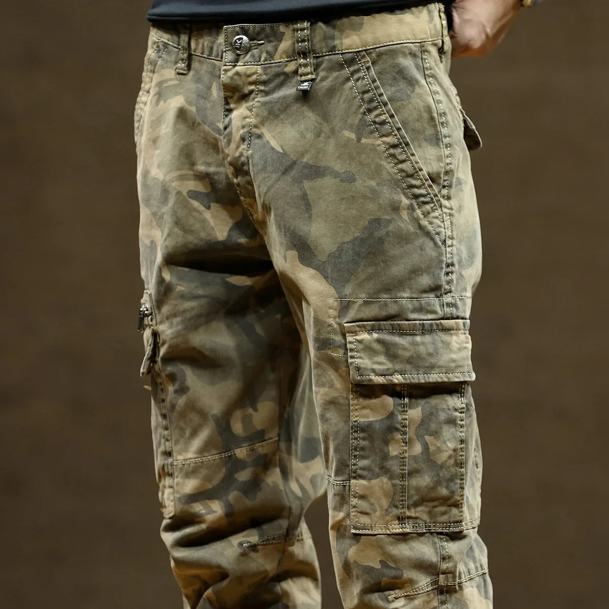 Length Men's Cargo Pant Cotton Stretch Casual Camouflage Trouser Male Camo Cuff Jogger Multi Zip Pocket Outfit Zipper Tied