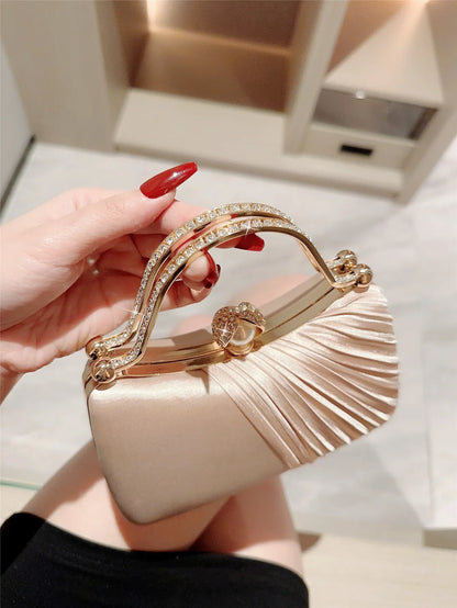 A fashion casual Satin Pleated Design Evening Bag Shiny Rhinestone Decor Prom Bag Romantic Wedding Bag Party Bag Evening Bag Dress Bag Bridal Bag Chain Bag Cocktail Handbag