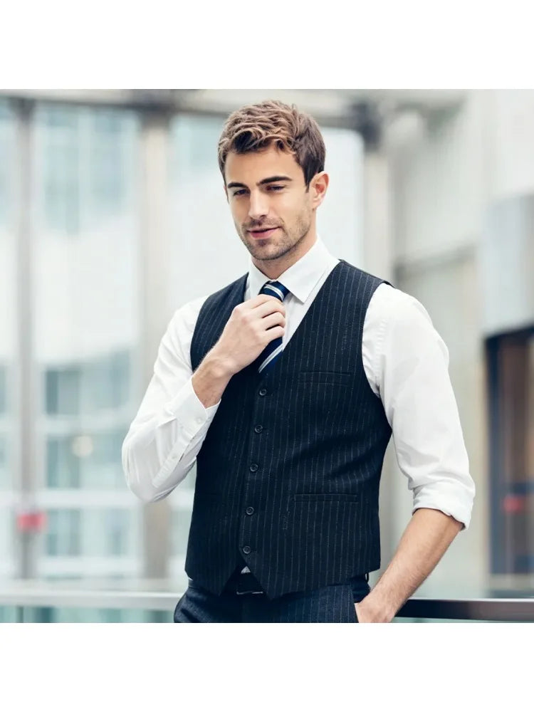 New Plus Size Mens Vest Checkered Elastic Single Breasted Waistcoat For Host Groom Groomsmen Coffee Khaki l Suit Vest for Men