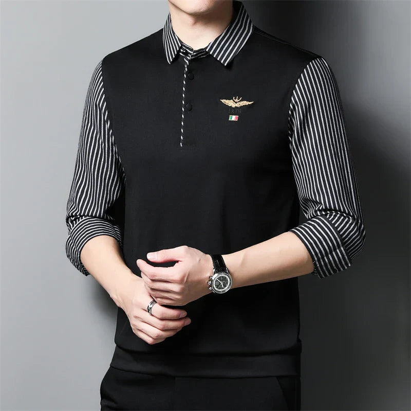 2025 New Men's Casual and Fashionable Long Sleeved POLO Shirt with Contrasting Print Anti Wrinkle Top