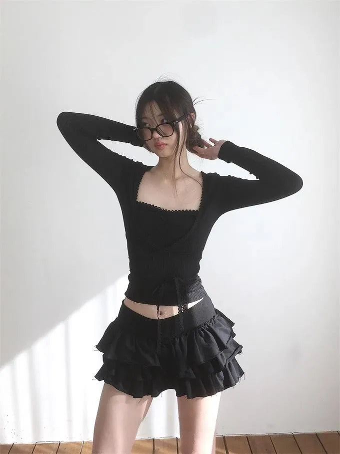 Y2k Lolita Mini Cake Skirt Soft Girl low Waist Ruffle Fluffy Fairy Skirts Summer Kawaii Cute Elegant Short Skirt Black
