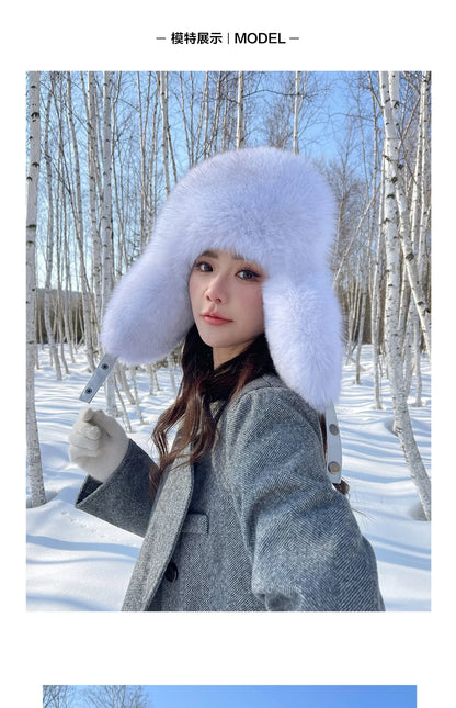 Winter Warm Real Fox Fur Hat Ear-Protecting Hats Women's Genuine Leather Windproof Fox Fur Bomber Hat Thickened Sheepskin Cap