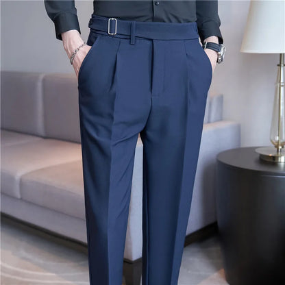 2026 Texture Naples Men's Solid Color Casual Pants Fashion Belt Design Slim Fit Suit Pants Formal Wear Wedding Social Trousers