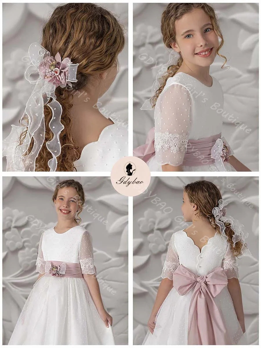 Elegant Girls Lace First Holy Communion Dress Round Neck Half Sleeve Flower Girl Dress with Sashes Custom Birthday Party Gown