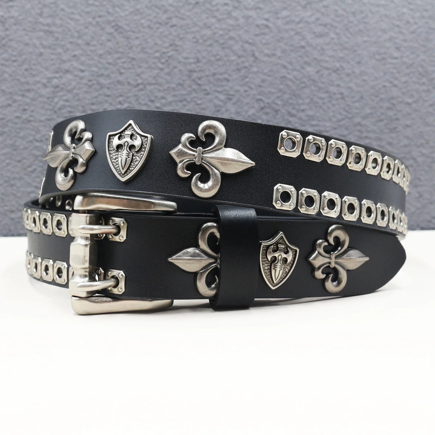 Rock Genuine Leather Luxury Punk Belt Jeans Heavy duty Hollow manual  Designer Brand Belt Men Rivet Three-pin buckle Belt Male