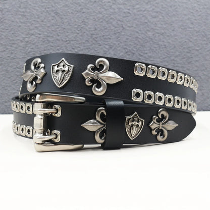 Rock Genuine Leather Luxury Punk Belt Jeans Heavy duty Hollow manual  Designer Brand Belt Men Rivet Three-pin buckle Belt Male