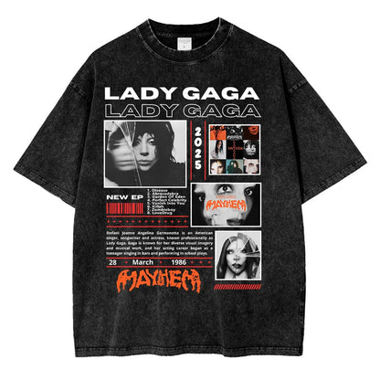Vintage Washed Lady Gaga The Mayhem Ball Tour 2025 T Shirt Fashion Men/Women Aesthetic High Quality Acid Wash 100% Cotton Tees