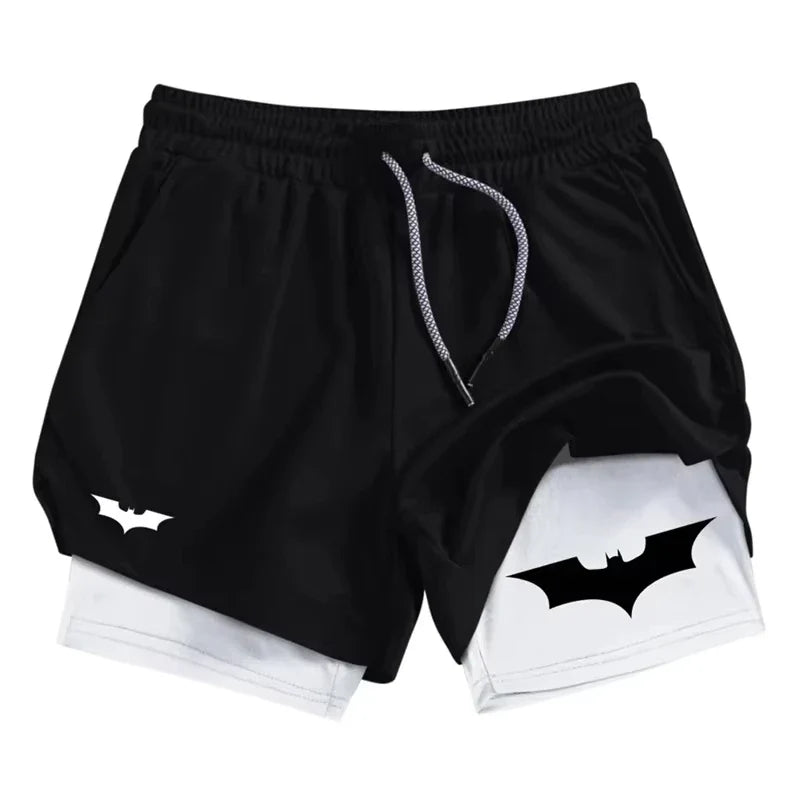 Bat Print 2 in 1 Performance Shorts for Men Athletic Breathable Quick Dry Shorts with Phone Pocket Gym Workout Running