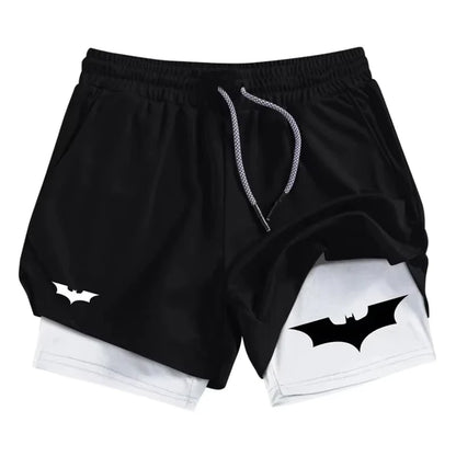 Bat Print 2 in 1 Performance Shorts for Men Athletic Breathable Quick Dry Shorts with Phone Pocket Gym Workout Running