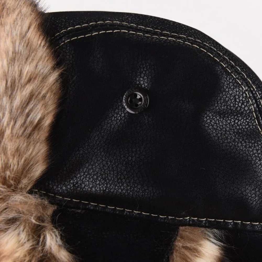 New Leather Winter Hat Faux Fur Lined Pilot Ski Ushanka Thicken Warm Windproof Snow Cap With Ear Flap Men's Hats & Caps
