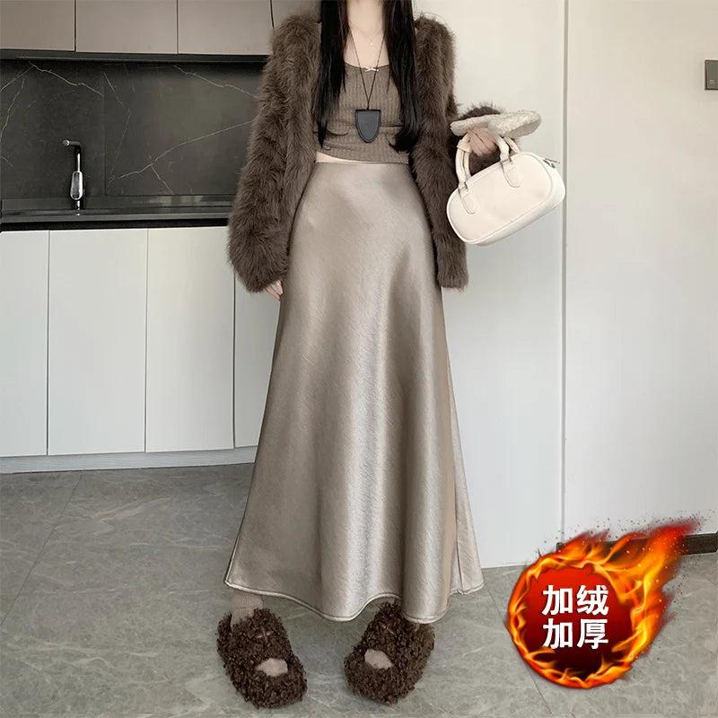 New Autumn Winter Solid Satin Silk Mermaid Skirt Women Fashion High Waist Office Ladies Work Warmth Party Long Maxi Skirt