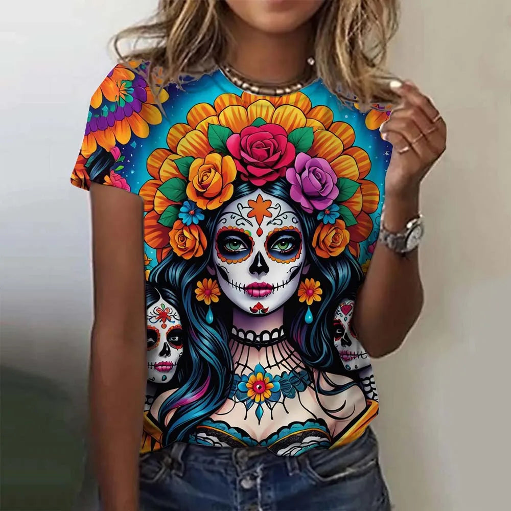 Women's T-shirt for Girls Short Sleeve Casual Sexy Girls Clothes Summer Day of the Dead Undead Skull Pattern oversized T-shirts