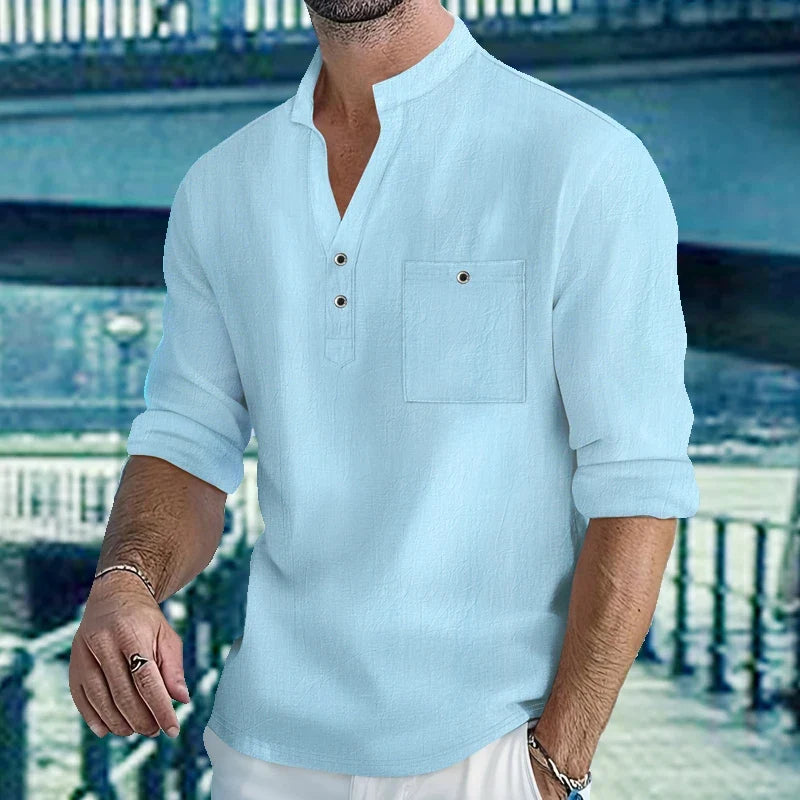 Men Mandarin Collar Long Sleeve Henley Cotton Linen Shirt With Chest Pocket Breathable Lightweight Beach Travel Daily Casual Top