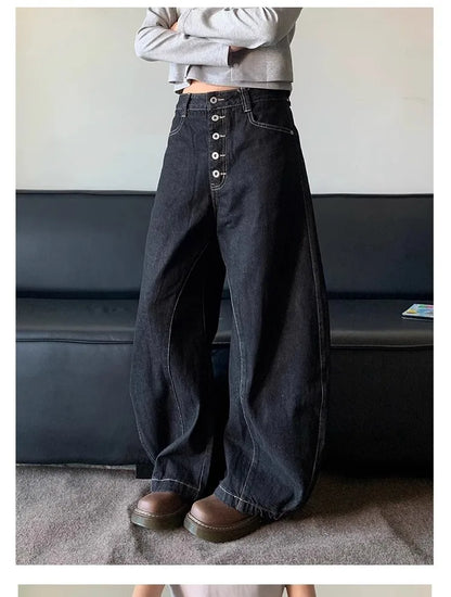 American Retro High Street Button Design Bootcu Bla Knife  Wide Leg Loose Long Jeans for Men And Women Trendy