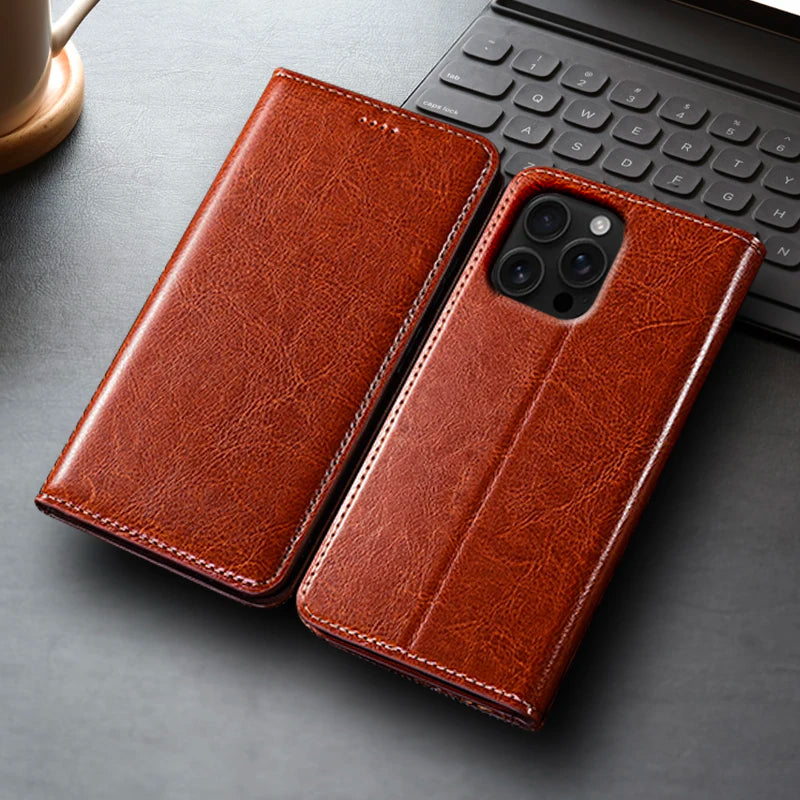 Crazy Horse Genuine Leather Flip Case For Apple iPhone 12 13 14 15 16 16e 17 Pro Max Plus Mini Air Phone Cover Card Cases