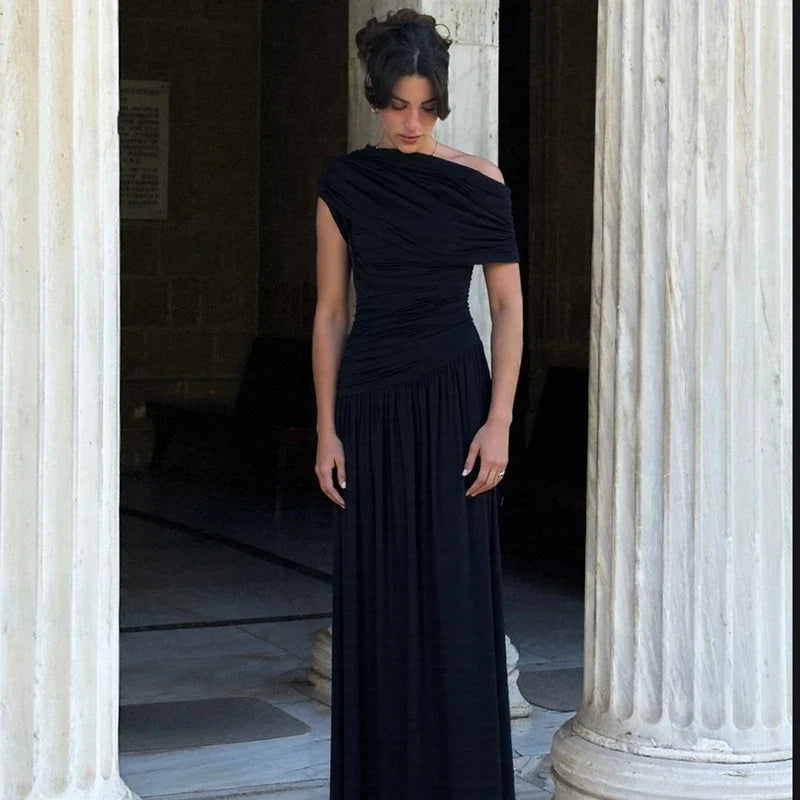 One Shoulder Ruched Sleeveless Solid Pleated Sexy Irregular Y2K Maxi Dress Summer Elegant Party Women Clothes Vacation