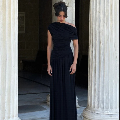 One Shoulder Ruched Sleeveless Solid Pleated Sexy Irregular Y2K Maxi Dress Summer Elegant Party Women Clothes Vacation