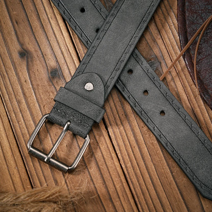 A Men's and Women's Matching Belt with Retro Button Closure, PU Faux Thread Embossed Belt, Casual Style, Versatile.