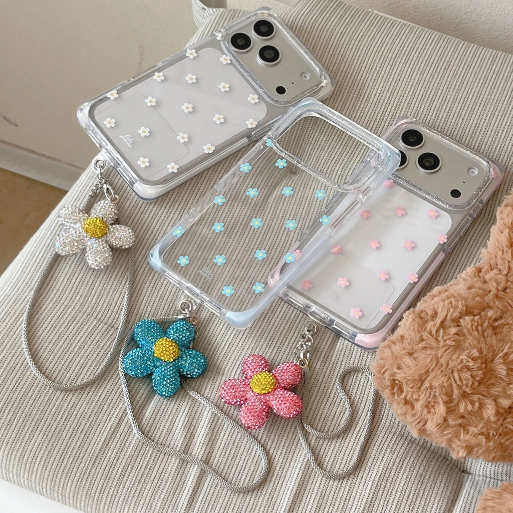 Vibrant All-over Little Flower Clear With Rhinestone Pendant Lanyard Rectangle Phone Cover Case for iPhone 17 16 15 Pro Max