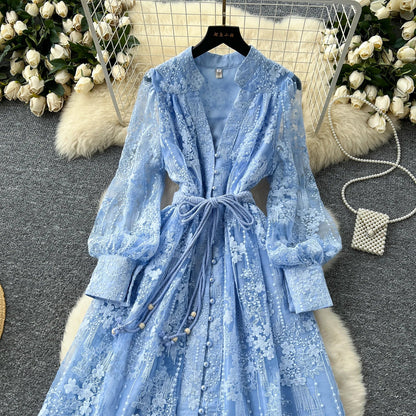 High-End Women's Dress Heavy Embroidery A-Line Long Skirt V-Neck Lantern Sleeve Single Button High Waist Korean Style Commute