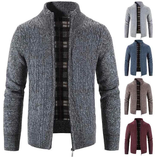 Winter Autumn New Sweater Knit Cable Cardigan Men Business Casual Jacket Zipper Up Solid Color Turn-down Coat Fleece Clothes