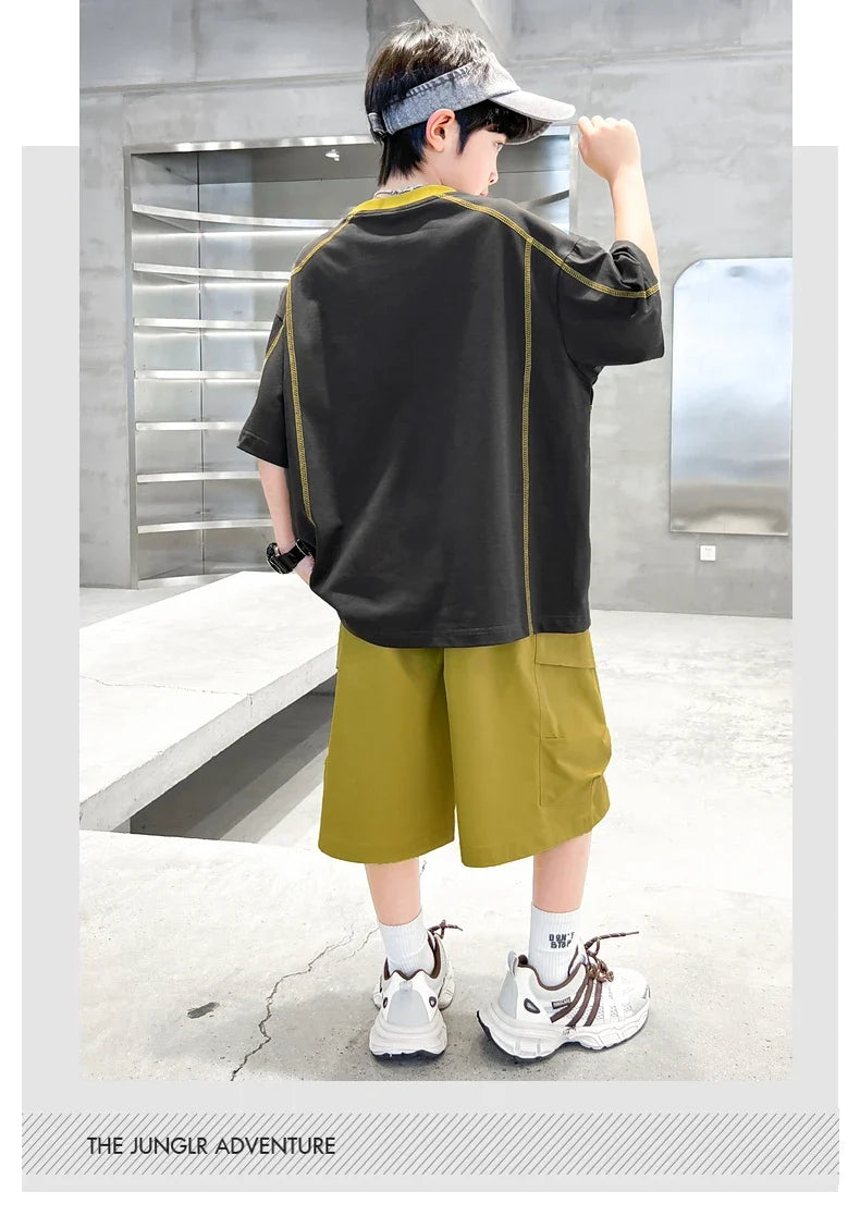 Teenage Summer Tracksuit for Boy with Shorts Tshirt 2 Piece Top and Bottom Clothes Set Kids Child Casual Cotton Outfit Suit Wear