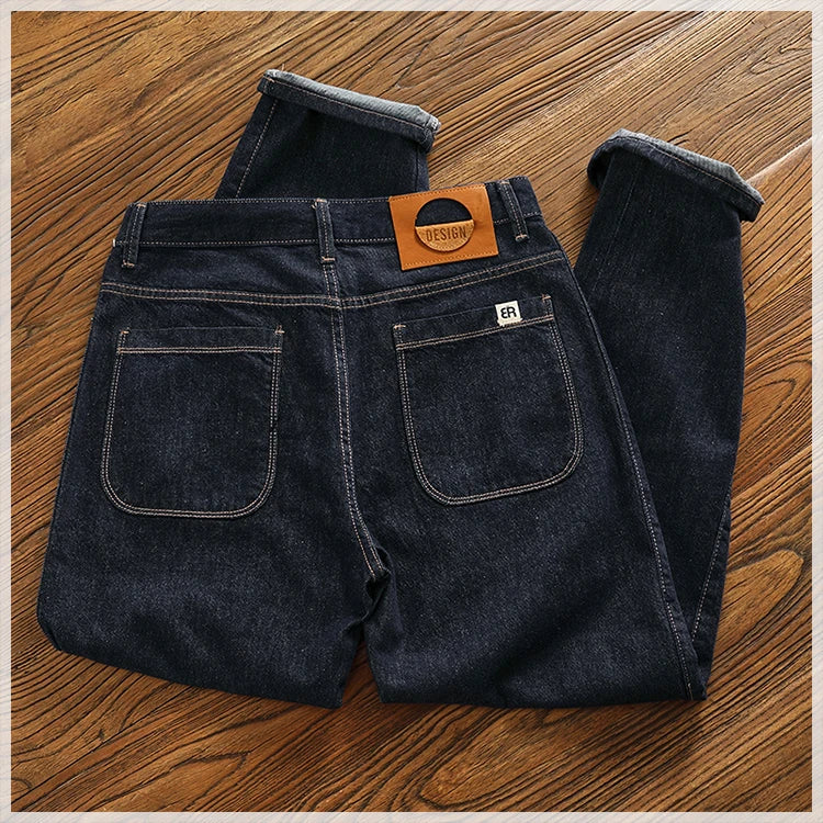 Color fixing process plain wash denim pants men's straight cone four seasons can wear casual pants tide