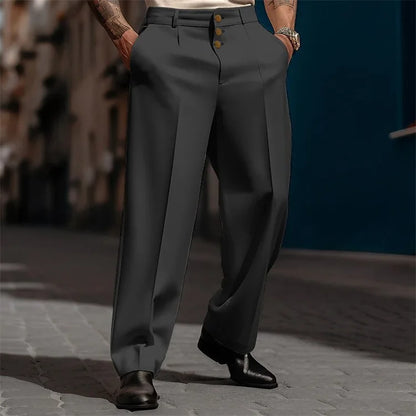Male Formal Outdoor Pants Men's Solid Color Simple Basic Casual Trendy Loose Business Wide Leg Straight Button Suit Trousers